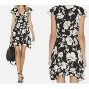 Floral Print Wrap Dress Ruffle Hem Cap Sleeves V Neck Black White